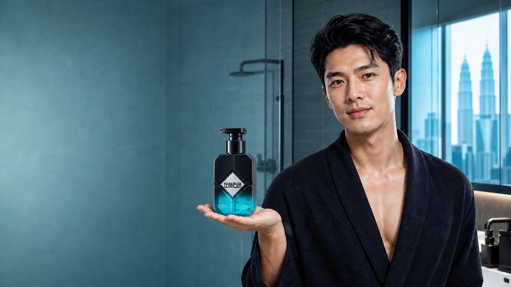 Young Malaysian man presenting his skincare routine